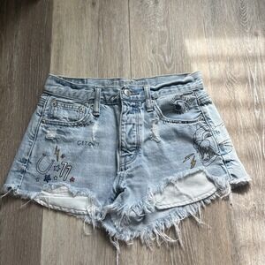 American Eagle Artwork Festival Graphic Art Distressed Denim Shorts Button Fly 2